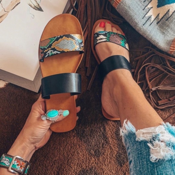 Shoes - Snake Print Double Band Strappy Flat Sandals